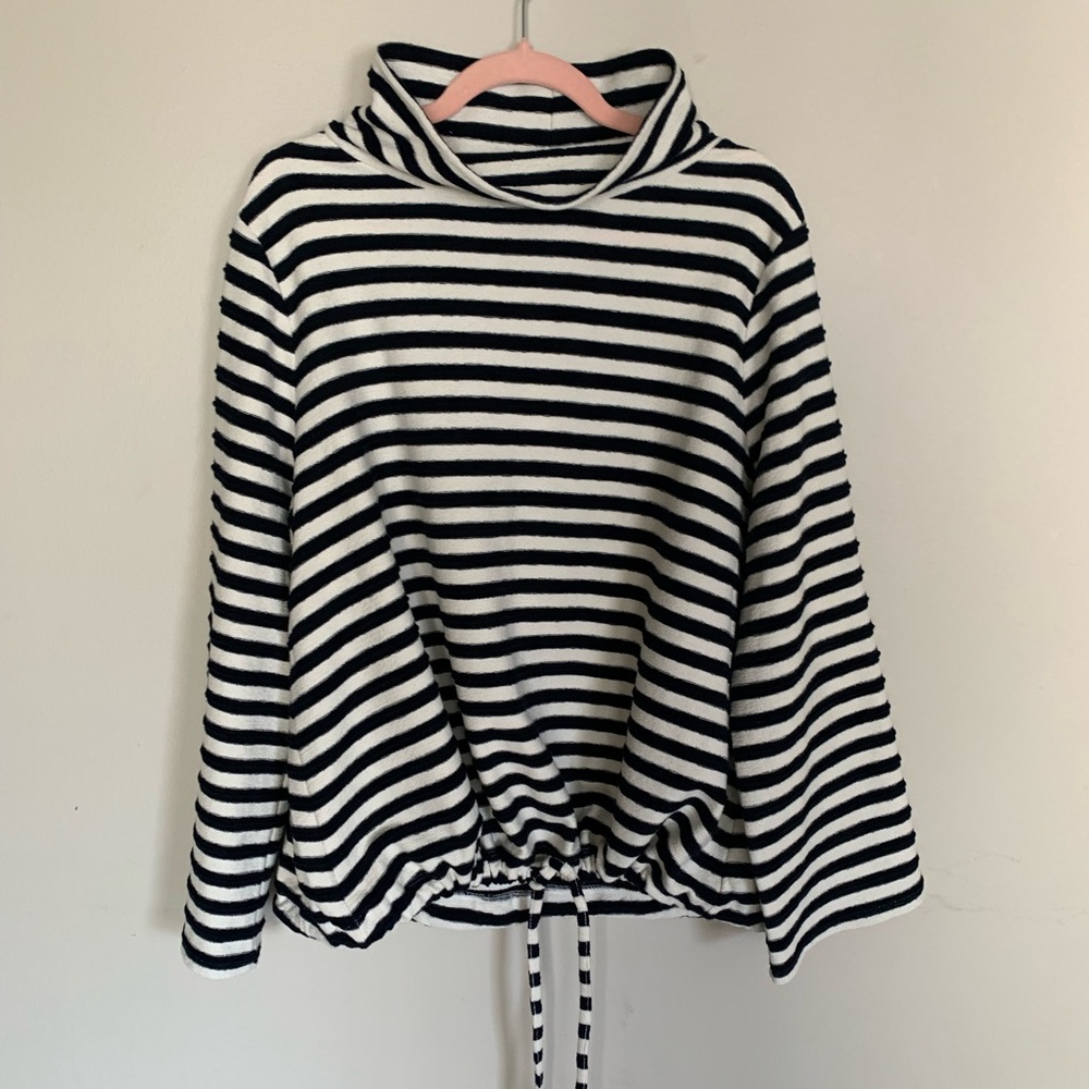 LOFT navy nautical stripe cowl neck pullover drawstring waist XL